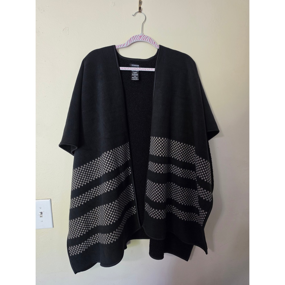 Ike Behar Womens Black Tan Fair Isle Fleece Faux Shearling Open Front Poncho OS